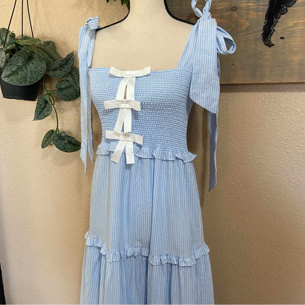 NWOT Sister Jane Kansas Blue Striped Tiered Smocked Tie-Strap Bow Midi Dress - Picture 4 of 10